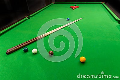 Game snooker billiards, athlete kick cue close up, selective focus Stock Photo