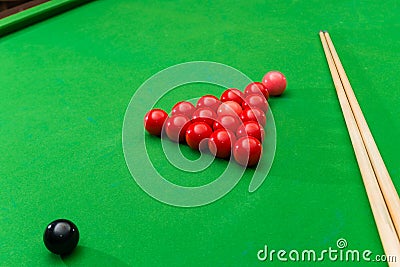 Game snooker billiards, athlete kick cue close up, selective focus Stock Photo