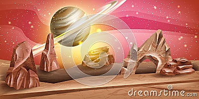 Mars landscape, vector alien planet red background, Martian desert rocks, cracked stone, Saturn, sky. Vector Illustration