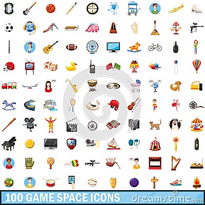 100 game space icons set, cartoon style Vector Illustration