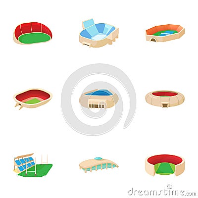 Game at stadium icons set, cartoon style Vector Illustration