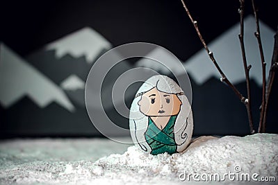 Game of Thrones character Khaleesi or Queen Daenerys Targaryen. Creative Egg on Easter Holidays. DIY Idea on Easter Editorial Stock Photo