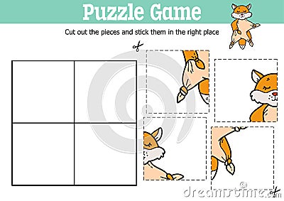 Game to cut and stick pieces with doodle fox comforter Vector Illustration