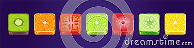 Game ui app icons square food textured buttons set Vector Illustration