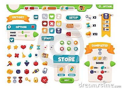 Game UI buttons. Mobile application interface elements. Cartoon colorful design. Progress bar, panel and indicators Vector Illustration