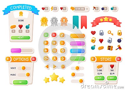 Game UI buttons. Mobile application or game interface elements. Cartoon colorful design. Progress bar, panel and Vector Illustration