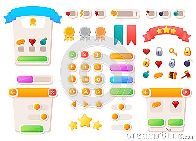 Game UI buttons. Mobile application or game interface elements. Cartoon colorful design. Progress bar, panel and Vector Illustration