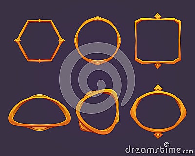 Game UI design with gold frame. Frame template in cartoon style. Isolated set of vector frames. Decorative frames for avatar, Vector Illustration