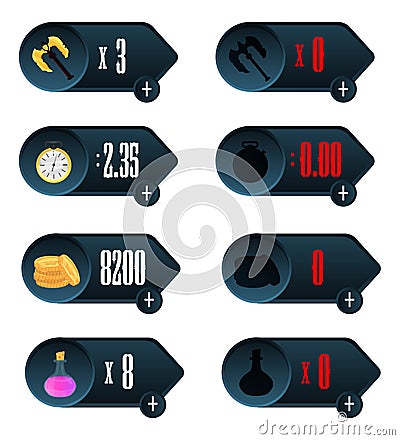 Game UI. Icons with a choice of various parameters of time, money, weapons and drug design for mobile and browser-based online app Cartoon Illustration