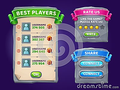 Game ui interface boards with best players list Vector Illustration