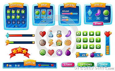 Game ui kit, cartoon gaming interface buttons, icons, menu. Mobile app gui assets, panel, progress bar, button, games Vector Illustration