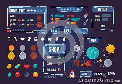 Game UI kit. Cartoon interface menu elements. Buttons and progress bars set. Award medals. Space arcade indicators. Map with Vector Illustration