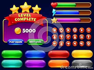 Game UI. Level complete menu with golden stars and buttons. Health bar, arrows and play button for mobile games Vector Illustration