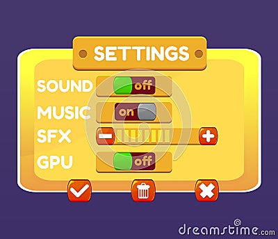 Game UI. Settings window. A funny cartoon design options control panel including status and level bars. Vector eps 10. Vector Illustration