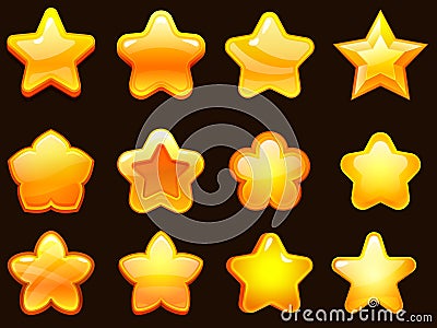 Game UI star. Cartoonic glossy stars shapes, shiny star for games. Cartoon gaming elements vector illustration set Vector Illustration