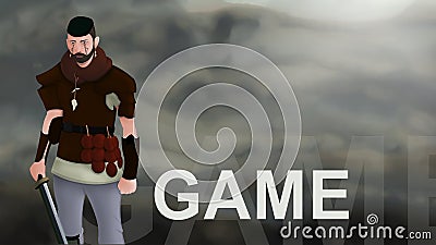 Game word text with Warrior armed with sword viking and leather armor on a gradient background. With copyspace for your text. Larp Stock Photo