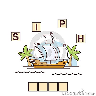 Game words puzzle ship.Education developing child.Sailing galleon. Vector Illustration