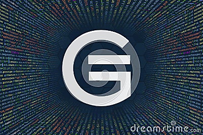 GameCredits, game cryptocurrency symbol. A tunnel from a computer program code. Programmer Strings of code, Javascript, CSS and Stock Photo