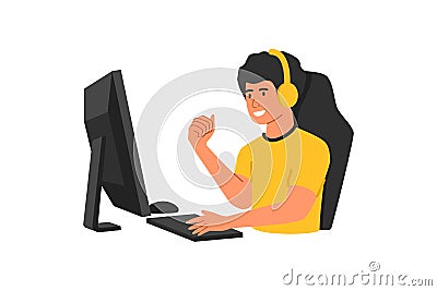 Gamer play in online video game, in the headphones and with computer mouse and keyboard happy to win Vector Illustration