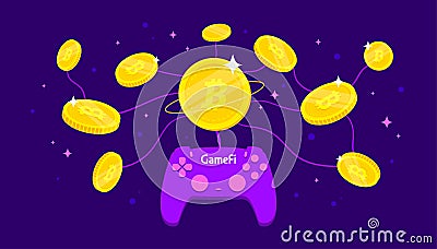 GameFi concept. Crypto currency coins with game controller on blue background Vector Illustration