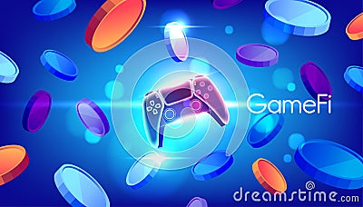 GameFi tokens crypto currency with game controller on blue background Vector Illustration