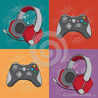 Gamepad joystick game controller and Headphones with microphone. Devices for video games, esports, gamer. Hand drawn Vector Illustration