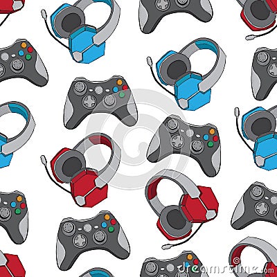 Gamepad joystick game controller and Headphones with microphone seamless pattern. Devices for video games, esports Vector Illustration