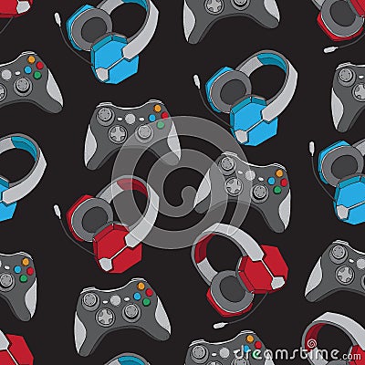 Gamepad joystick game controller and Headphones with microphone seamless pattern. Devices for video games, esports Vector Illustration