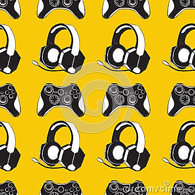 Gamepad joystick game controller and Headphones with microphone seamless pattern. Devices for video games, esports Vector Illustration