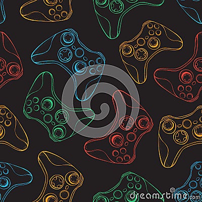 Gamepad joystick game controller seamless pattern. Devices for video games, esports, gamer on black background. Hand Vector Illustration