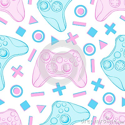 Gamepad joystick game controller seamless pattern. Devices for video games, esports, gamer on white background. Hand Vector Illustration