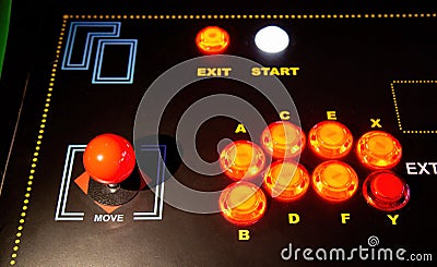 Gamepad with joystick and many colorful buttons. Retro arcade old video game stick control Stock Photo