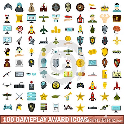 100 gameplay award icons set, flat style Vector Illustration
