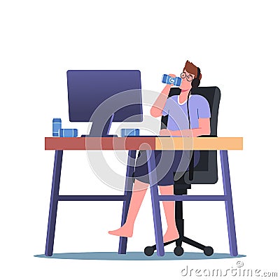 Gamer Character Playing Video Game in Headphones Drinking Energy Beverage. Gaming Addiction, Bad Habit, Virtual Reality Vector Illustration