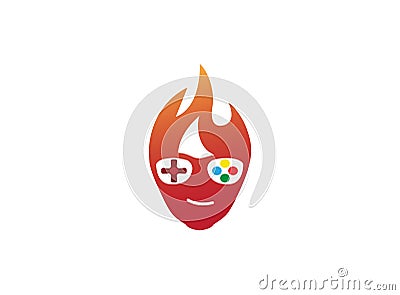 Gamer fire head hair console symbol smile vector logo design illustration on white background Cartoon Illustration