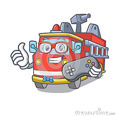 Gamer fire truck mascot cartoon Vector Illustration