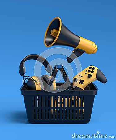 Gamer gears like headset, headphones and joystick in plastic basket on blue Stock Photo