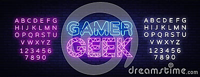 Gamer Geek Neon Text Vector. Gaming neon sign, design template, modern trend design, night signboard, night bright Vector Illustration