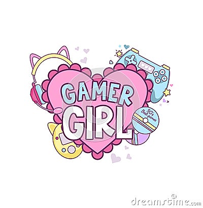 Gamer girl colorful design isolated with pink heart and kawaii objects gamepad, cute headphones, tamagotchi Vector Illustration