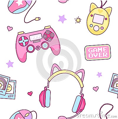 Gamer girl colorful seamless pattern with gaming elements. Vector flat style illustration Vector Illustration