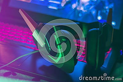 Gamer Girl Setup with Headset Stock Photo