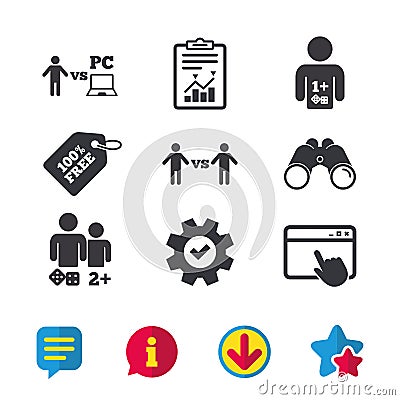 Gamer icons. Board and PC games players. Vector Illustration