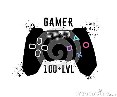 Gamer 100 level. Gamepad emblem, T-shirt garaphics. Vector illustration. Vector Illustration