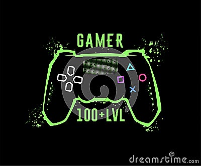 Gamer 100 level. Gamepad emblem, T-shirt graphics. Vector illustration. Vector Illustration