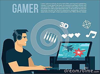 Gamer man plays on the computer air combat arcade and game icons around him Stock Photo