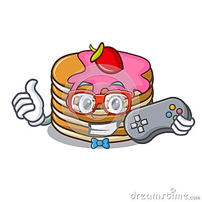 Gamer pancake with strawberry mascot cartoon Vector Illustration