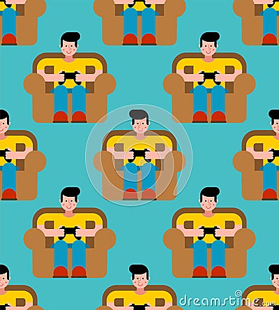 Gamer pattern seamless. Guy on chair and videogame. Boy and joys Vector Illustration