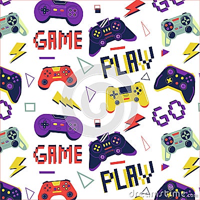 Gamer pattern. Seamless print with game controller for boys t-shirt, console video game graffiti with joystick. Bright Vector Illustration