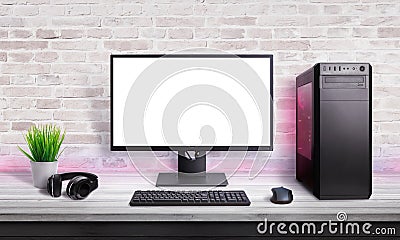 Gamer PC on desk with screen for app, web site or game promotion Stock Photo