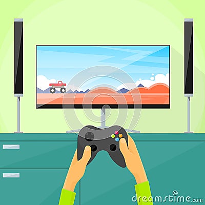 Gamer Play Video Game Tv Screen Hold Pad Vector Illustration